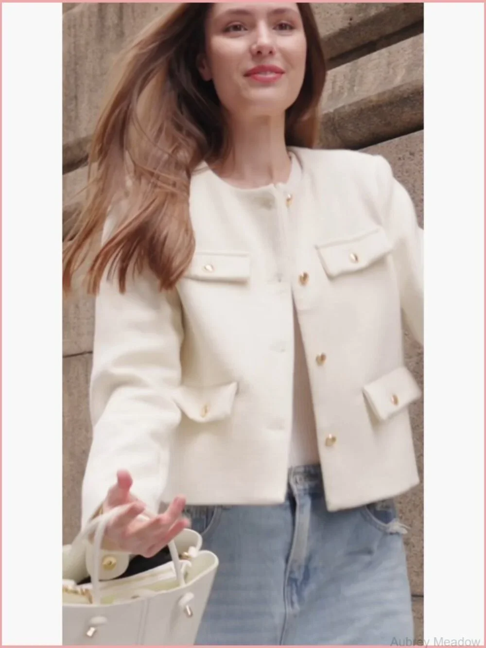 Cropped Tweed Blazer Jacket Collarless Button Down Business Casual Winter Coat